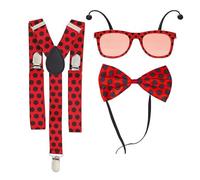 WickedFun® Womens 3 Pcs Ladybug Costume Accessories Set, Ladies Ladybird Polka Dots Dress Up Bug Antenna Glasses, Bow Tie, Suspenders Braces Outfit Kit For Party Cosplay Halloween Carnival