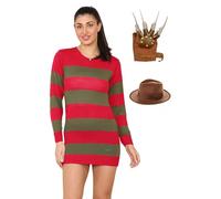 WickedFun® Women's Freddy Red & Green Stripe Knitted Jumper Explore Hat with Glove Claw Halloween Fancy Dress Costume Outfit UK Sizes S-XXL, (3 Pcs Set, S/M)