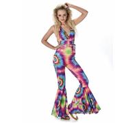 WickedFun® Women's Tie Dye Costume 70's Disco Party Jumpsuit Hippie Halloween Fancy Dress Costumes For Women, Multi, Small