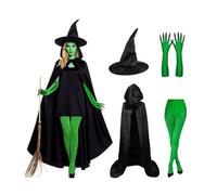 Wickeds Witch Costume Accessories Set, Witch Halloweeen Cosplay Outfit with Long Hooded Cloak Cape, Witches Hat, Green Claw Gloves and Socks for Carnival Festival, Role-Playing, Masquerade Parties