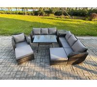 Wicker 7 Pieces Rattan Garden Furniture Sofa Set with Rectangular Dining Table Armchair 2 Big Footstool Side Table Dark Grey Mixed Fimous Dark Grey One Size