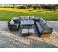 Fimous Wicker 8 Pieces Rattan Garden Furniture Sofa Set with Rectangular Dining Table Armchair 2 Small Footstools 2 Side Tables Dark Grey Mixed