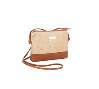 Wicker and Leather Bag, Women's Small Shoulder Bag, Summer, Straw Handbag with Brown Leatherette Details, Golden Zipper, Elegant Casual Style, Ideal for Mobile, Travel, Walk, Party, Beach