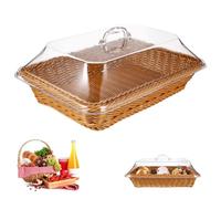 Wicker Basket with Acrylic Lid, Wicker Storage Basket, Wicker Basket With Lid for Food, Tabletop Food Serving Basket, Woven Bread Picnic Basket Wicker Bread Basket for Serving (Brown)