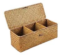 Wicker Basket with Lid, 13x5x4" 3-Section Wicker Storage Basket, Rectangular Woven Toilet Roll for Desktop Organizing Snack Toys seagrass storage baskets