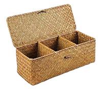 Wicker Basket with Lid, 13x5x4" 3-Section Wicker Storage Basket, Rectangular Woven Toilet Roll Holder for Desktop Organizing Snack Toys Makeups