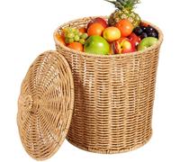 Wicker Basket with Lid 9x11 Inch Simple Style Wicker Trash Can Round Woven Laundry Basket for Bedroom Living Room and Bathroom Home Decor