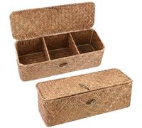 Wicker Basket with Lid - Pack of 2 Woven Braided Rectangular Rattan Basket, Storage Basket with Lid, Braided Seagrass Baskets for Bedroom, Living Room, Wardrobe