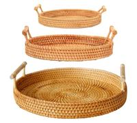 Wicker Baskets Rattan Basket Small Wicker Basket Round Tray Rattan Round Serving Tray Round Rattan Tray with Handles Round Wicker Tray(3 Piece Set)