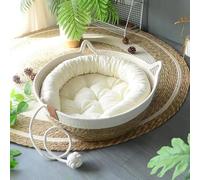 Wicker Cat Bed with Cotton Cushion, Handwoven Rattan Cat Basket for Indoor Cats, Breathable Round Sleeping Nest with Toy Ball, Space-Saving Design with Handles, Small Pet Bed for Cats Under 5kg,