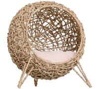 PawHut Wicker Cat House, Ball-Shaped Rattan Raised Cat Bed - Natural Wood Finish