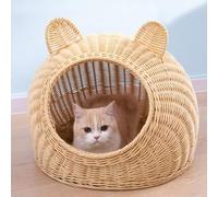 Wicker Cat House, Portable Travel Cage Cat Igloo Basket Indoor with Bed on Top Cosy Cave Sofa Box Wicker 50 x 40cm