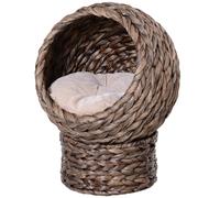 PawHut Wicker Cat House, Raised Cat Bed with Cylindrical Base, Soft Washable Cushion, Woven Water Hyacinth Cat Basket for Indoor and Outdoor, 42 x 33 x 52 cm - Dark Brown