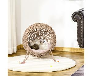 Wicker Cat House, Rattan Elevated Cat Bed w/ Cushion - Natural Wood Finish