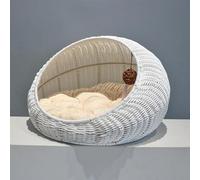 Wicker Cat House, Wicker Kitten Basket Pet Den, Rattan Kitten Bed for Indoor and Outdoor Use, House Cosy Cave with Washable Soft Cushion 50x40x35cm Pink