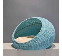 Wicker Cat House, Wicker Kitten Basket Pet Den, Rattan Kitten Bed for Indoor and Outdoor Use, House Cosy Cave with Washable Soft Cushion 50x40x35cm light blue