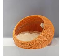 Wicker Cat House, Wicker Kitten Basket Pet Den, Rattan Kitten Bed for Indoor and Outdoor Use, House Cosy Cave with Washable Soft Cushion 50x40x35cm light blue