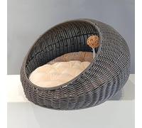 Wicker Cat House, Wicker Kitten Basket Pet Den, Rattan Kitten Bed for Indoor and Outdoor Use, House Cosy Cave with Washable Soft Cushion 50x40x35cm light blue