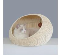 Wicker Cat House, Wicker Kitten Basket Pet Den, Rattan Kitten Bed for Indoor and Outdoor Use, House Cosy Cave with Washable Soft Cushion 50x40x35cm light blue