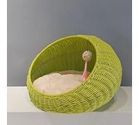 Wicker Cat House, Wicker Kitten Basket Pet Den, Rattan Kitten Bed for Indoor and Outdoor Use, House Cosy Cave with Washable Soft Cushion 50x40x35cm light blue