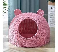 Wicker Cat House with Bed on Top Pet Sleeping Bed Play Furniture with Soft Cushion Dome for Indoor Cats Beige