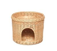 Wicker Cat House, Woven Elevated Cat Bed Wicker Kitten Basket Pet Den, Wicker Cat House Stool for Rest, Door Hole, for Indoor Cats Kittens Φ42 x 32cm