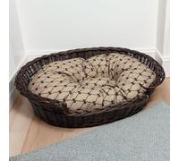 Wicker Dog Basket with Pattern Cushion, Dark Brown, Oval Pet Bed with Removable Cushion (Medium 75 x 60 x 20cm)