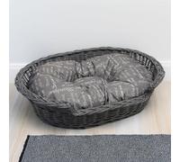 Wicker Dog Basket with Pattern Cushion, Grey, Oval Pet Bed with Soft Padded Cushion (Medium 75 x 60 x 20cm)