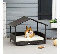 Wicker Dog Cat House Rattan Pet Bed With Cushion Canopy Dark Brown