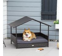 PawHut Rattan Dog House, Elevated Wicker Pet Bed Lounge with Removable Cushion and Canopy, for Small and Medium Dogs, 98 x 69 x 73cm - Grey Aosom UK
