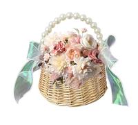 Wicker Flower Girl Basket - Pearl Many Silk Petal Petaler, Elegant Woven Caddie | Bowknot Wedding Petal Tray For Ceremony, Rustic Decorative Organizer For Lady Of Ho