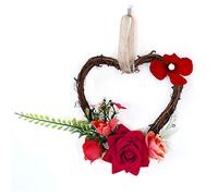 Wicker Heart Wreath, 15cm Spring Summer Small Artificial Rattan Heart-Shaped DIY Hanging Rose Floral Garland for Wedding Birthday Party Home Front Door Wall Decoration Ornament Gift (Red)