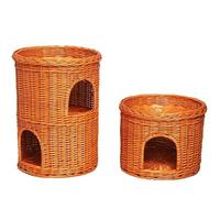 Wicker Indoor Igloo Cat Bed Wicker Two Tier Pet Pod Cosy Pet Cave Sofa Box Basket With Soft Cushion Brown wicker colour Rattan Cat Bed, with 2 dark pillows