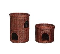 Wicker Indoor Igloo Cat Bed Wicker Two Tier Pet Pod Cosy Pet Cave Sofa Box Basket With Soft Cushion Brown wicker colour Rattan Cat Bed, with 2 dark pillows