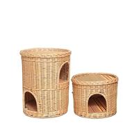 Wicker Indoor Igloo Cat Bed Wicker Two Tier Pet Pod Cosy Pet Cave Sofa Box Basket With Soft Cushion Brown wicker colour Rattan Cat Bed, with 2 dark pillows