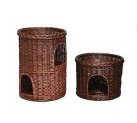 Wicker Indoor Igloo Cat Bed Wicker Two Tier Pet Pod Cosy Pet Cave Sofa Box Basket With Soft Cushion Brown wicker colour Rattan Cat Bed, with 2 dark pillows