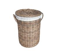Wicker Laundry Basket with Lid Round Cotton Lined Rattan Wicker Basket with Carrying Handles Bathroom Hallway Bedroom Kitchen Washroom Storage with White Cotton Lining (Small)
