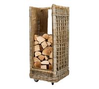 Wicker Log Basket Cradle with Hessian Lining Tall Kindling Bucket Log Storage Firewood Rack with Wheels