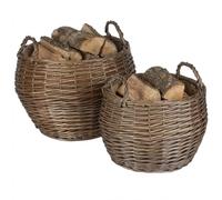 Wicker Log Basket Set of 2 Rustic Style Lined Log Store Baskets with Handles Rounded Living Room Hearthside Storage Accessory Log Storage Kindling Basket Firewood Rack