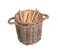 Wicker Log Basket with Rope Handles Hand Woven Hessian Lined Willow Wicker Kindling Basket Large Fireside Log Store Firewood Rack Log Burner Hearth Fireplace Storage Accessory (Small)