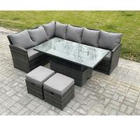 Fimous Wicker PE Outdoor Rattan Garden Furniture Set Height Adjustable Rising Lifting Table Sofa Dining Set with 2 Small Footstools Dark Grey Mixed