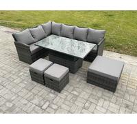 Wicker PE Outdoor Rattan Garden Furniture Set Height Adjustable Rising Lifting Table Sofa Dining Set with 3 Footstools Dark Grey Mixed Fimous Dark Grey One Size