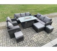 Wicker PE Rattan Garden Furniture Set Gas Fire Pit Dining Table Indoor Outdoor with Chair Loveseat Sofa 3 Footstools Fimous Dark Grey One Size