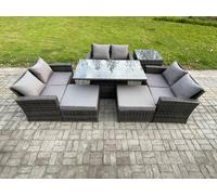 Wicker PE Rattan Garden Furniture Set Height Adjustable Rising Lifting Table Sofa Dining Set with 2 Big Footstool Fimous Dark Grey One Size