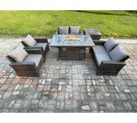 Wicker PE Rattan Garden Furniture Sets 6 Seater Patio Outdoor Gas Firepit Dining Table Heater Set with Double Seat Sofa Fimous Dark Grey One Size