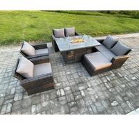 Wicker PE Rattan Garden Furniture Sets 7 Seater Patio Outdoor Gas Firepit Dining Table Heater Set with Double Seat Sofa Fimous Dark Grey One Size