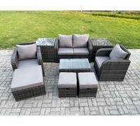 Fimous Wicker PE Rattan Outdoor Furniture Set Garden Love Sofa Coffee Table 2 Armchair 3 Footstools 2 Side Tables Dark Grey Mixed