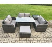Wicker PE Rattan Sofa Outdoor Garden Furniture Set with Rectangular Dining Table Big Footstool Side Table Dark Grey Mixed Fimous Dark Grey One Size