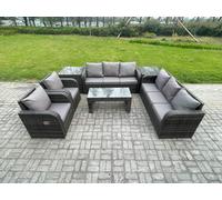 Wicker PE Rattan Sofa Set Outdoor Patio Garden Furniture with Reclining Chair Coffee Table 2 Side Tables Dark Grey Mixed Fimous Dark Grey One Size