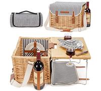 Wicker Picnic Basket for 2, 2 Person Picnic Kit, Willow Hamper Service Gift Set with Blanket Portable Bamboo Wine Snack Table for Camping and Outdoor Party